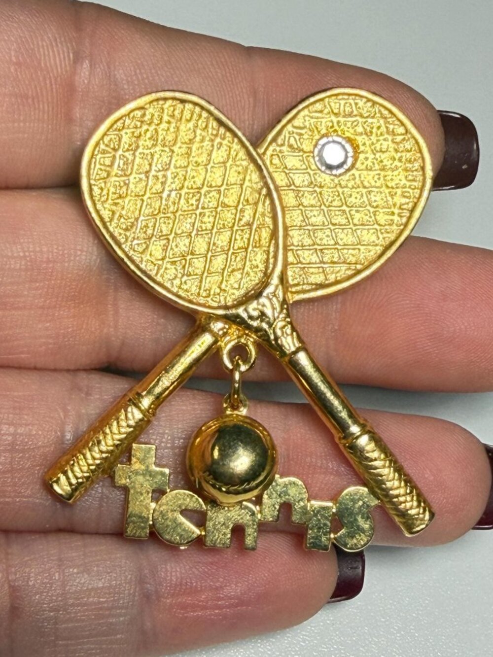 Tennis Racket Brooch Gold Tone Articulated Ball Vintage 2 inches